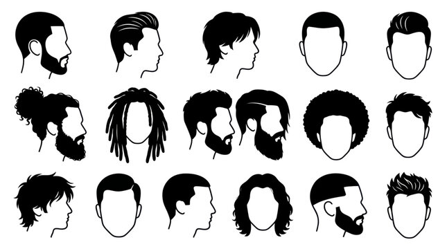 Black and White Line Art of Various Men's Hairstyles and Beards