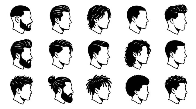 Black and White Line Art Icons of Diverse Male Hairstyles and Beards