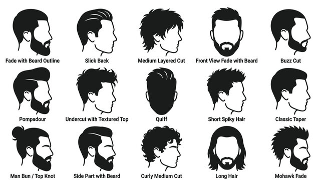 Men's Hairstyles and Beard Styles Vector Illustrations - Black  White Line Art