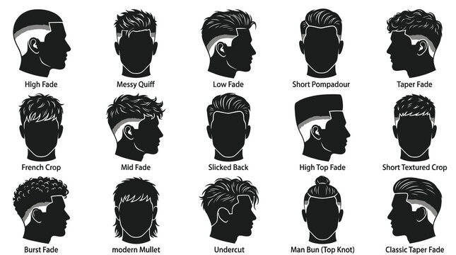Black and White Icons Set of Men's Hairstyles, Vector Art