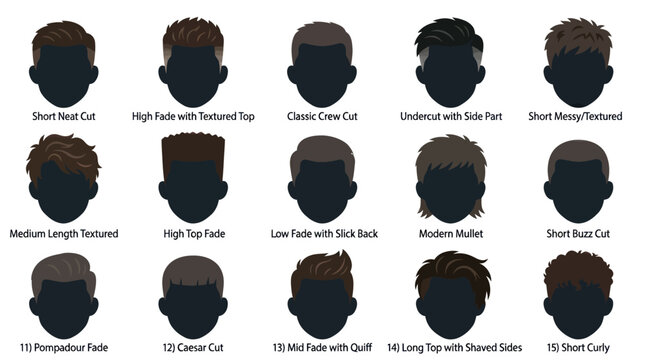 Mens Haircut Styles Chart - Flat Vector Icons with Labels