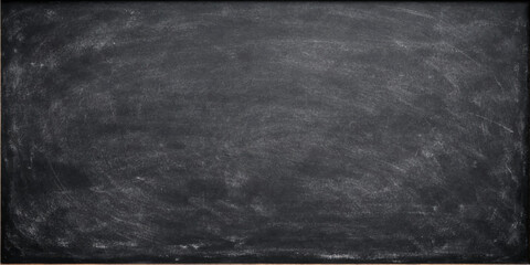 A dark, vintage blackboard features a grunge textured frame and an aged, black chalk board pattern set against a dirty, gray concrete wall backdrop © StockVista Creations