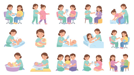Fototapeta premium Medical Illustration: Pregnant Woman, Doctor, Baby Care, Flat Style