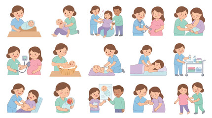 Fototapeta premium Cute Flat Illustration of Nurse and Baby Care, Pregnancy, Childbirth