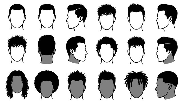Diverse Male  Female Hairstyles Set - People  Hair Black  White Line Art Icons