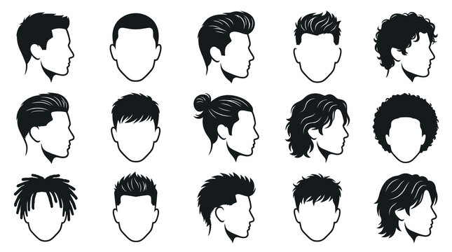 Male Hairstyles Vector Icons Set: Fashion, Barber, Grooming. Black  White Silhouettes.