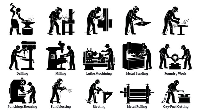 Industrial Metalworking Manufacturing Processes Black  White Glyph Icons Set