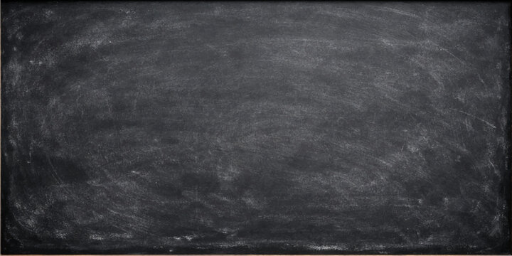 A dark, vintage blackboard features a grunge textured frame and an aged, black chalk board pattern set against a dirty, gray concrete wall backdrop
