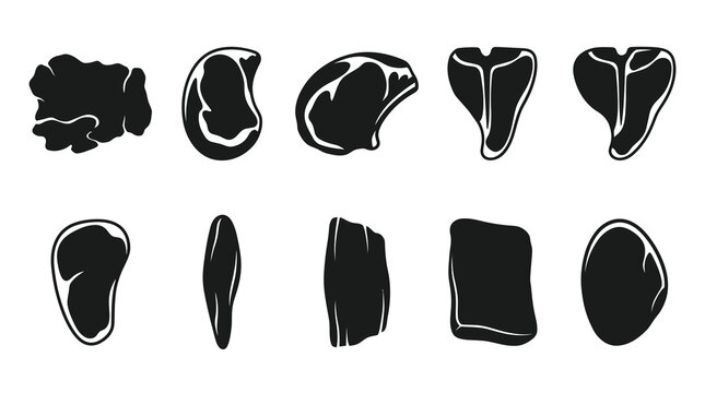 Food Industry Black and White Glyph Icons Collection: Various Meat Cuts and Steaks
