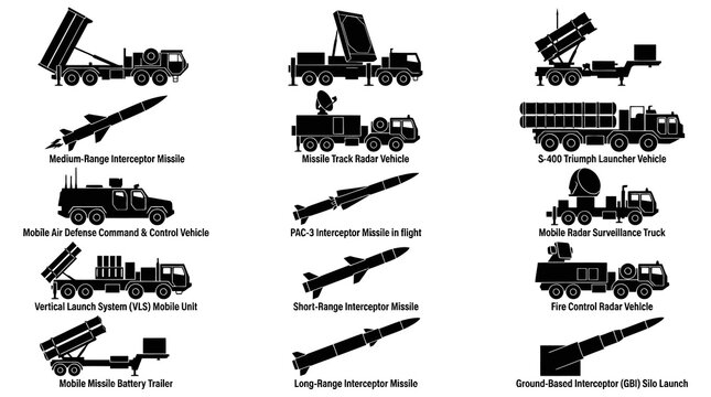 Military Air Defense Systems Vector Icons: Missiles, Radars, Launchers