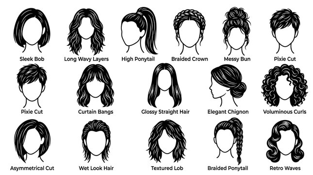 Diverse Hairstyles Collection Black and White Line Art Vector