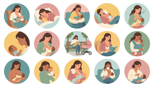 Diverse Breastfeeding Mothers with Babies Flat Vector Illustrations Set - Parenting  Maternity Health