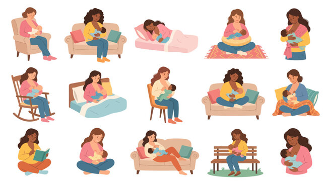 Diverse mothers breastfeeding babies, flat illustration, motherhood, parenting