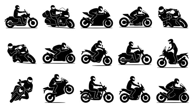 Black and White Vector Icons of Motorcyclists and Motorcycles