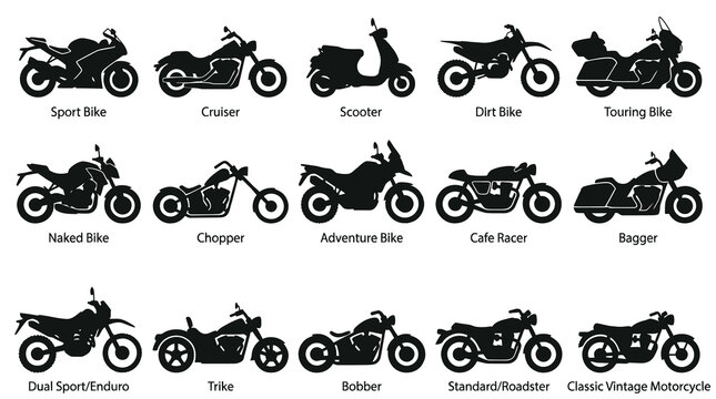 Automotive Motorcycle Types Silhouettes Vector Icons Set - Black  White Bike Glyphs Collection