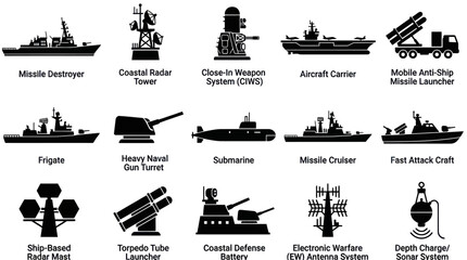 Obraz premium Black White Naval Military Vessels and Defense Systems Silhouette Icons