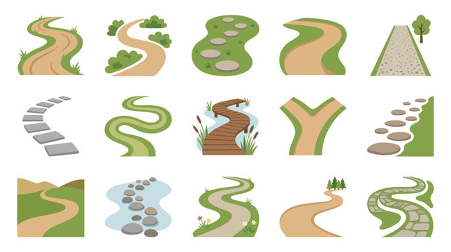 Flat Design Vector Collection of Winding Garden Paths, Roads, and Stepping Stones
