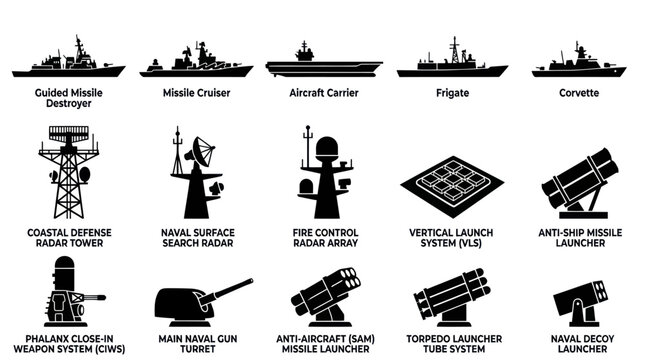 Naval Military Defense Ships, Weapons, Radar  Systems - Black Glyph Icon Set
