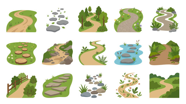 Flat Vector Illustration Set of Garden Paths, Nature Trails, and Stepping Stones