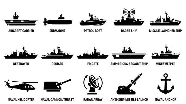 Naval Military Warfare Icons Vector Set - Ships, Submarine, Helicopter  Weapons Black Silhouettes