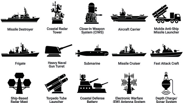 Black  White Naval Military Vessels and Defense Systems Silhouette Icons
