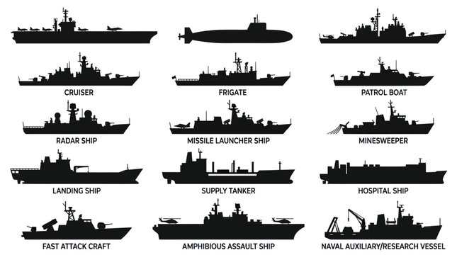 Navy Ship Silhouettes - Military Vessels Vector Collection