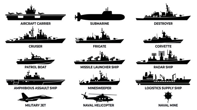 Military Naval Fleet: Ships, Submarine, Aircraft, and Mine Black  White Silhouette Icons
