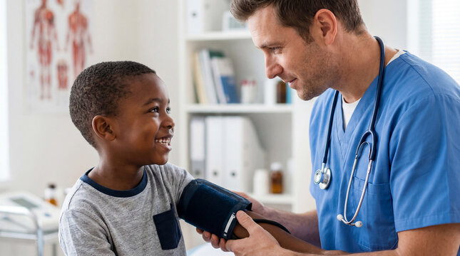 International Nurses Day male nurse child patient blood pressure check healthcare compassion joyful medical examination promotional magazine content