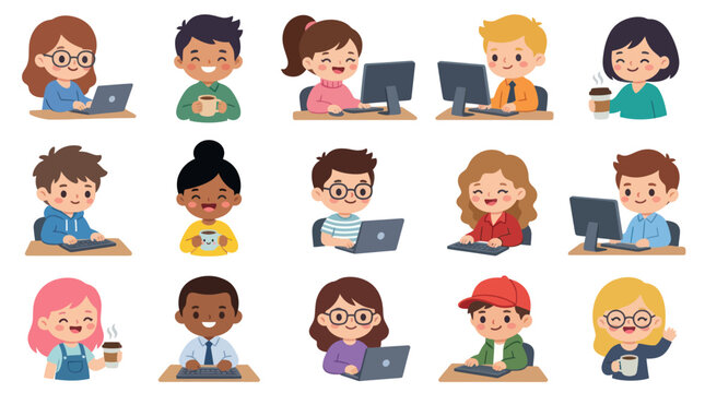 Diverse Children Studying Online with Laptops and Computers, Flat Vector Illustration