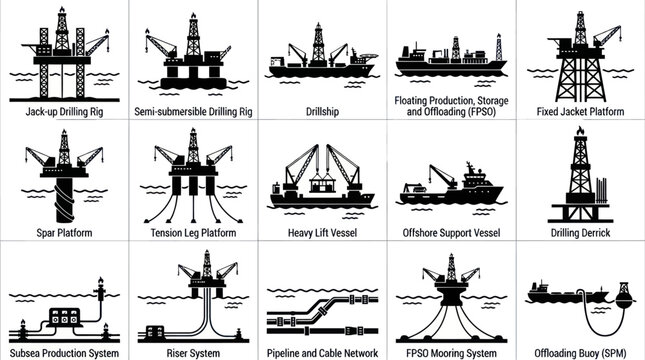 Offshore oil and gas industry equipment icons, black and white vector set