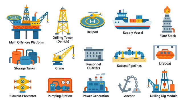 Offshore Oil Drilling Equipment Icons - Flat Design Vector Asset