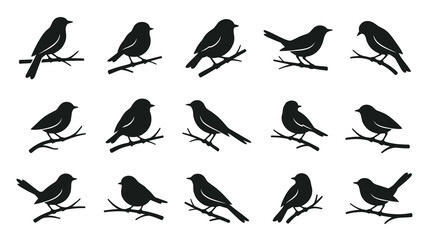 Fototapeta premium Black Silhouette Birds Perched On Tree Branches Vector Icons Set