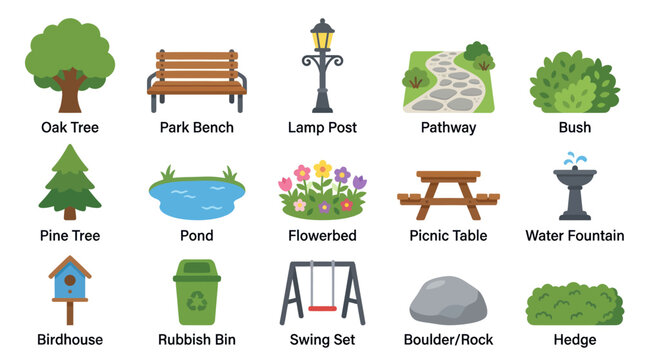 Flat Design Parks  Gardens Outdoor Elements Vector Icon Set