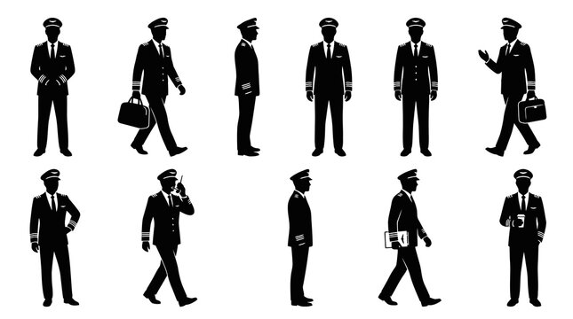 Pilot Silhouettes in Black and White, Various Poses, Vector Illustration