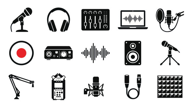 Sound Recording  Music Production Studio Equipment Black  White Glyph Icon Set