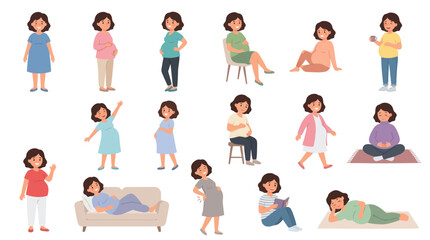 Fototapeta premium Flat Style Vector Illustration of Pregnant Women Poses, Pregnancy Theme