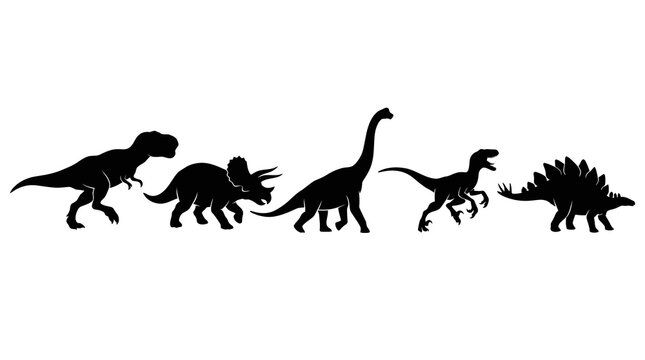 Black  White Silhouette of Diverse Dinosaurs in Row
