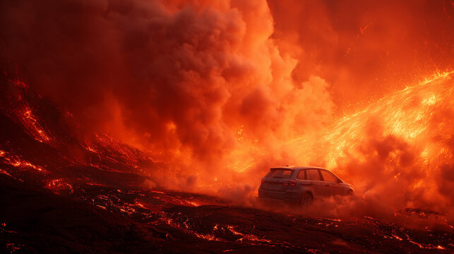 Inferno's Embrace: A car, overwhelmed by a catastrophic eruption, battles against a sea of fiery lava and smoke. Witness the raw power of nature's wrath