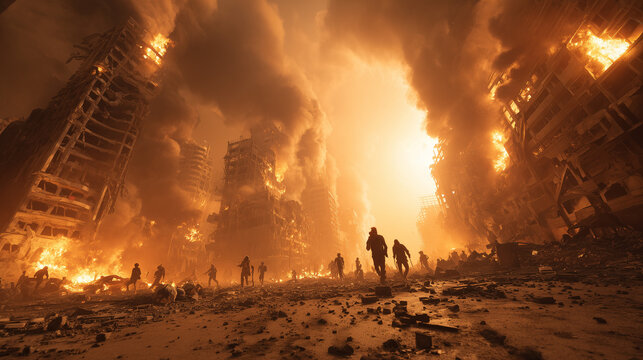 Echoes of Apocalypse: The ruins of a once-thriving city smolder under a fiery sky, as lone figures navigate a landscape of devastation.