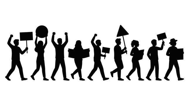 Social Justice Protest March People Silhouette Vector Illustration with Activists and Signs