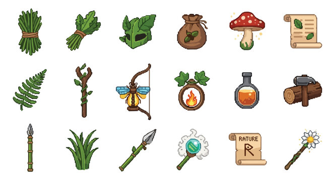 A collection of eighteen nature-inspired fantasy icons in a pixel art style, featuring magical staves, herbal bundles, weapons, and ancient scrolls.