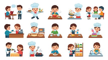 Fototapeta premium Flat Cartoon Vector Food Service Occupations Set: Restaurant Staff, Chef Waiter Characters