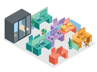 Naklejka premium Flat vector illustration promoting neurodiversity awareness in a modern office, showcasing diverse workspaces for an inclusive environment designed for all, fostering better work experiences