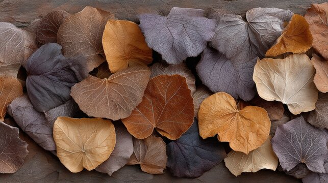 Collection of colorful autumn dried leaves on textured bark surface