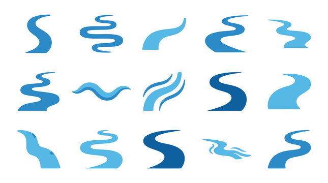 Blue river icons, flowing water streams, abstract wavy lines, vector set