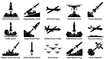Obraz premium Black and White Icons of Military Missiles, Drones, and Launches