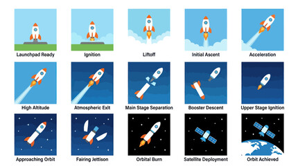 Fototapeta premium Flat Design Rocket Launch Stages, Space Exploration Technology