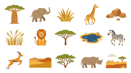 Fototapeta premium African Safari Animals and Landscape Flat Vector Icons