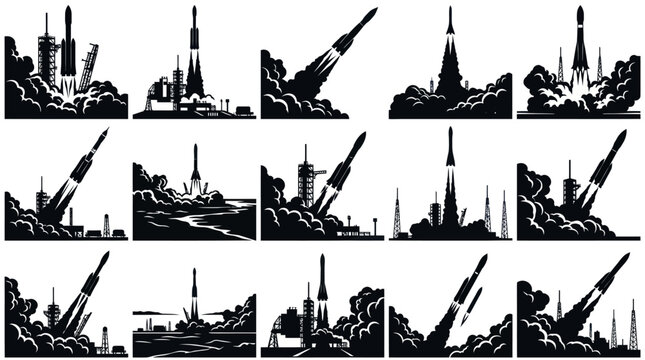 Black  White Rocket Launch Silhouettes, Space Exploration Technology Art