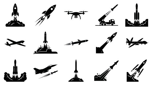 Aerospace Military Missiles, Rockets, Drones, and Aircraft Glyph Icons Set